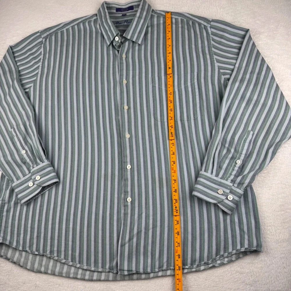 Alan Flusser Button Down Shirt Mens XXL‎ Green Blue Striped Long Sleeve Cotton